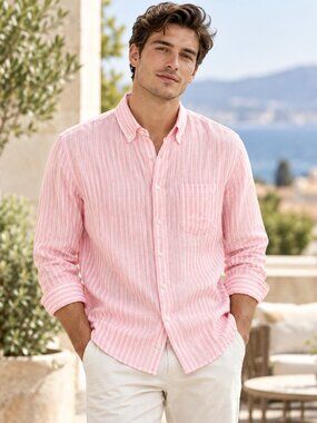 Bonobos Everyday Linen Long Sleeve Men's Shirt Striped Standard Fit L 286222